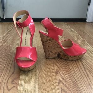 coral faux patent leather cork wedges
